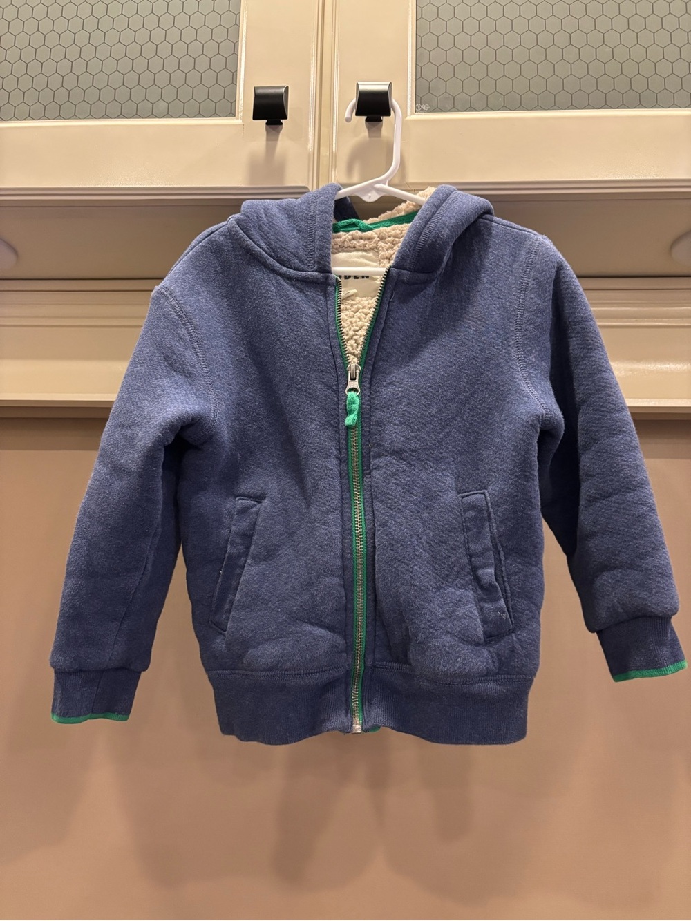 Mini Boden Blue Hooded Zip up with Green Accents